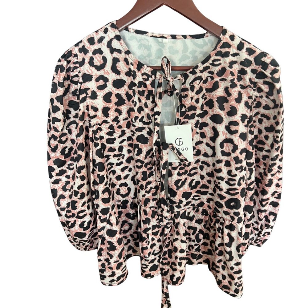 Leopard Print Tie Front Babydoll Blouse | Jacket Puff Sleeve | NWT | Size Small